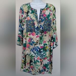 Fig and Flower Floral Tunic Dress Crepe Green/Pink Pockets 3/4 Sleeves Sz L